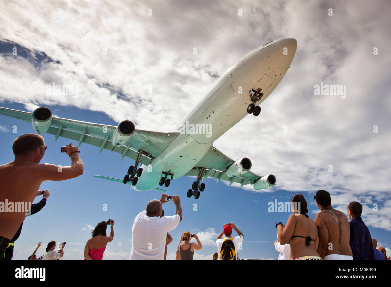 Sint Maarten, independent from the Netherlands since 2010. Philipsburg. Beach near Airport. Landing aircraft DC-10, Air France. Stock Photo