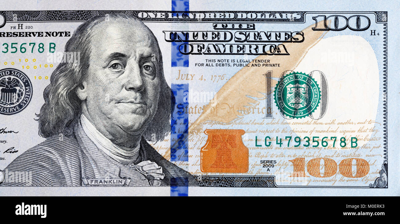Macro shot of a new 100 dollar bill. Stock Photo
