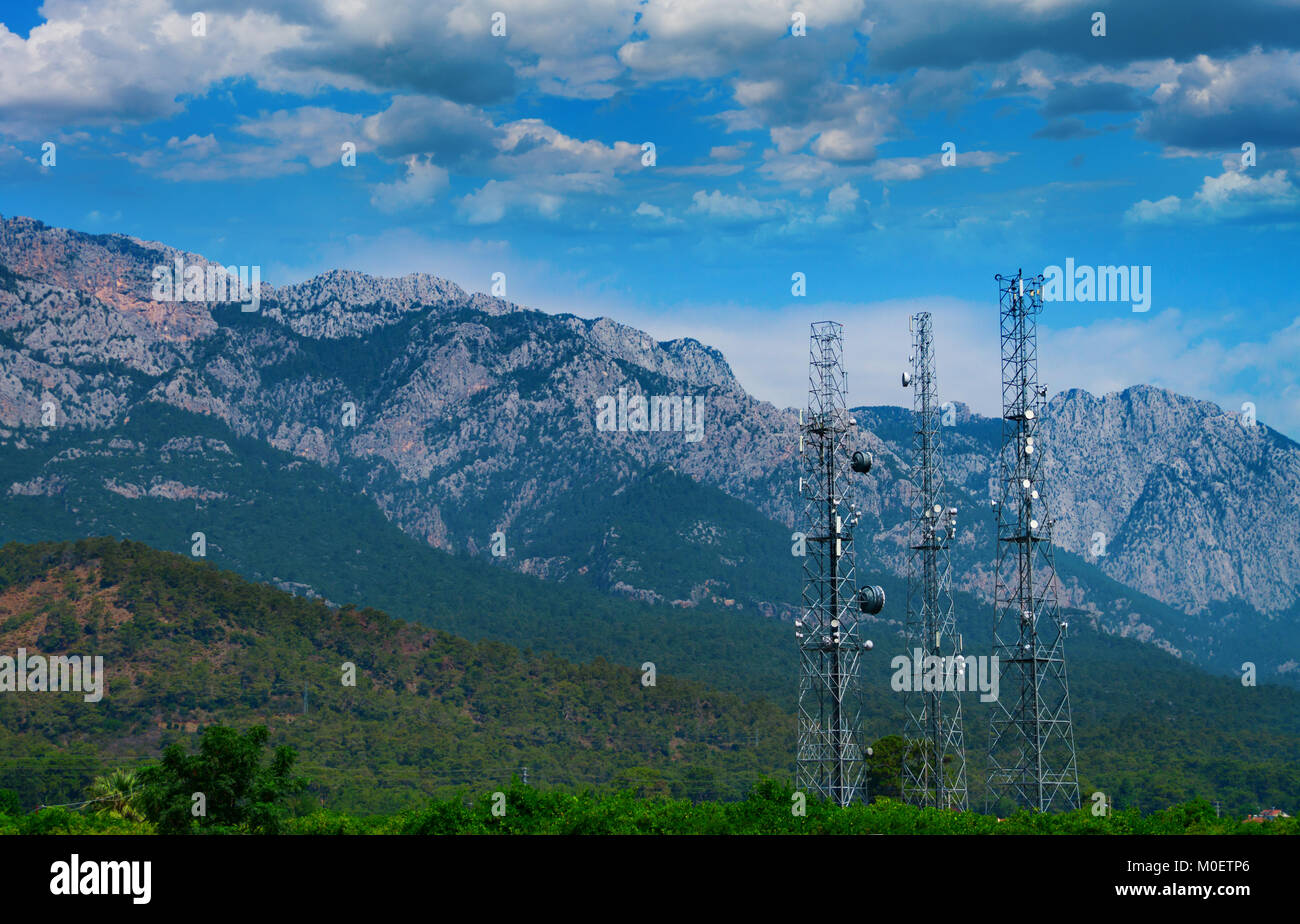 Mobile communication towers in the mountains of Turkey, next to Kemer Stock Photo