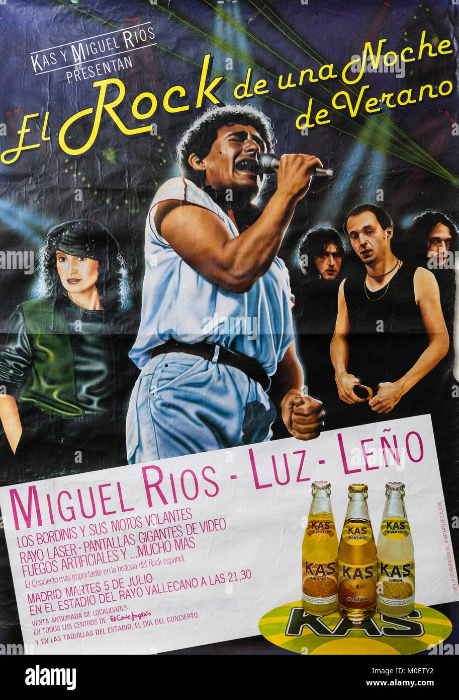 Miguel Rios, Luz and Leño in El Rock de una noche de verano, Madrid July 1983. Musical concert poster Stock Photo