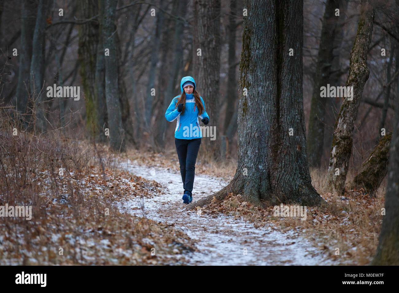 Young woman on trail running in winter park. Stock Photo