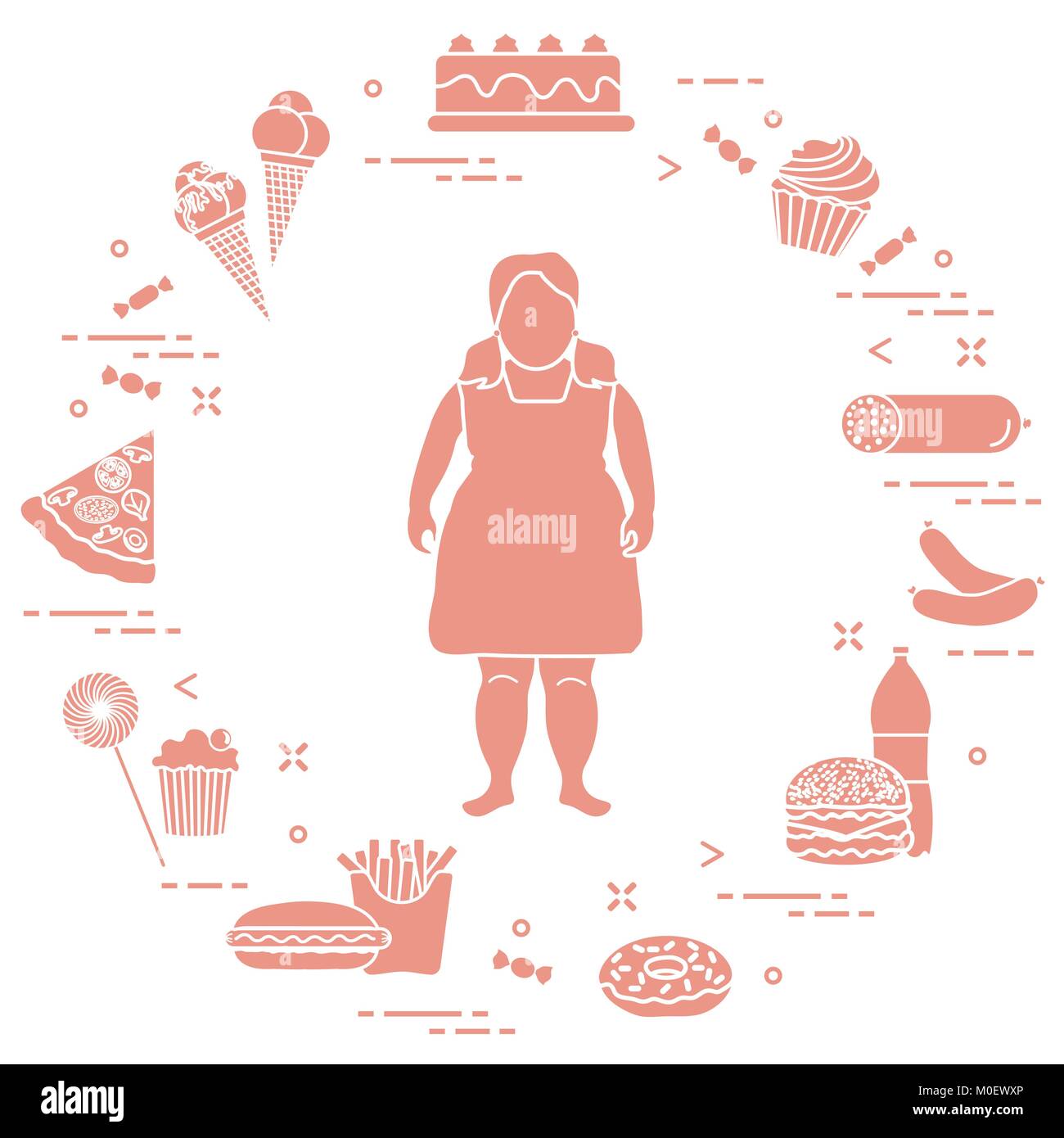 Fat girl with unhealthy lifestyle symbols around her. Harmful eating habits. Design for banner and print. Stock Vector