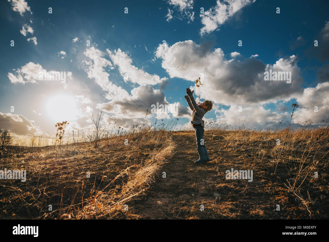 Boy standing in a field throwing flowers in the air Stock Photo