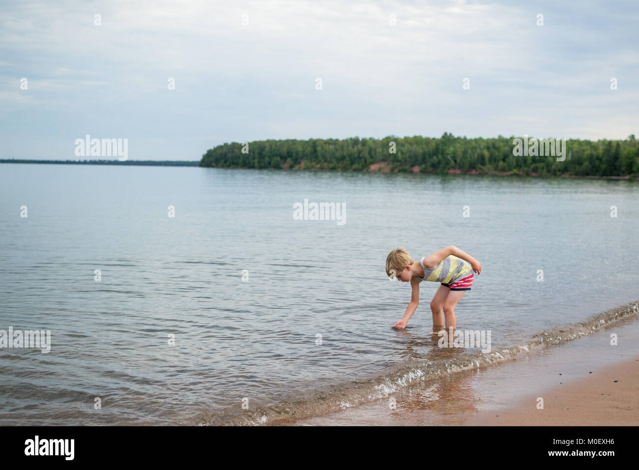 Boy paddling in lake bending down touching the water Stock Photo