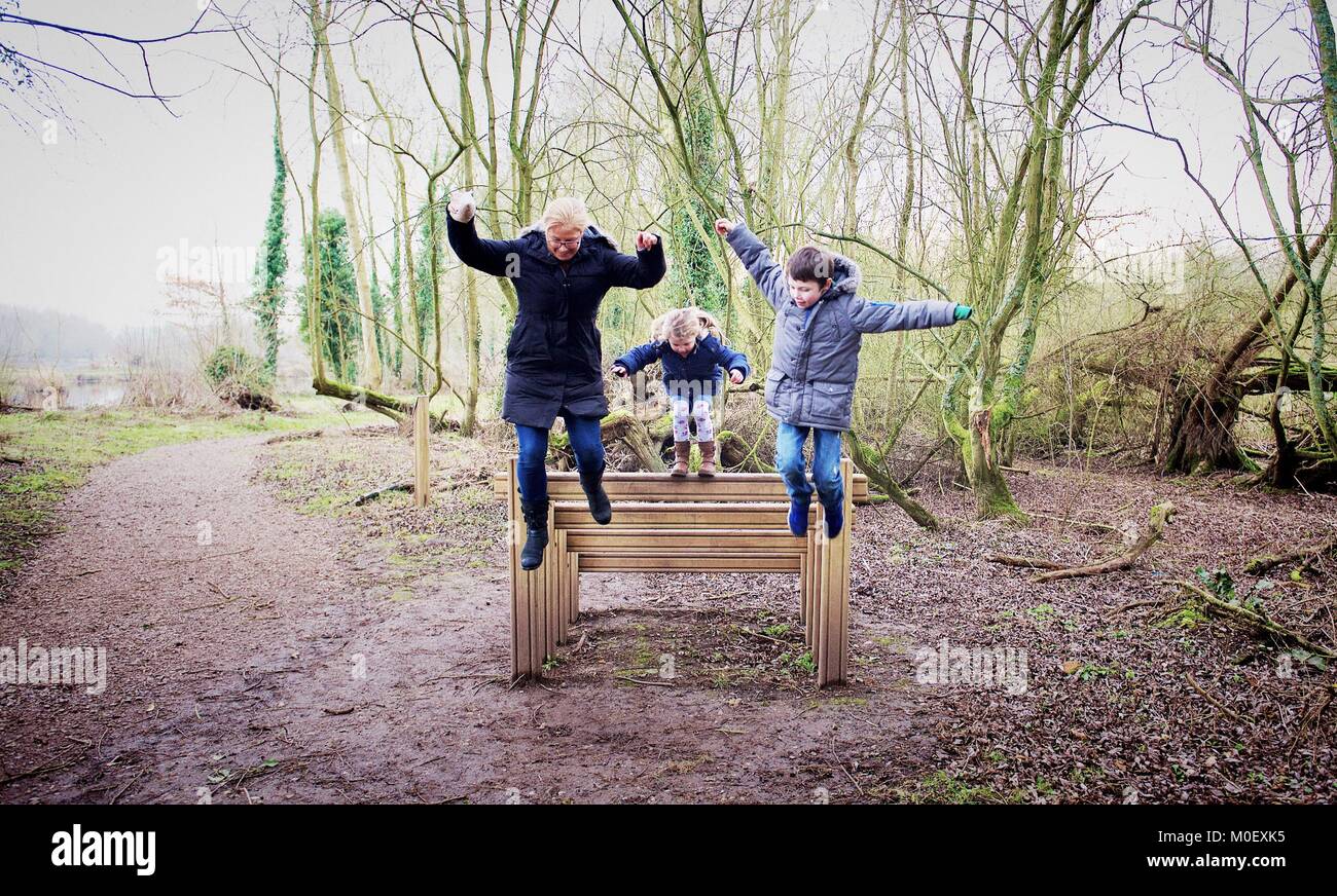 Mother and two children jumping off a wooden steps in forest, Kingsbury, Warwickshire, England, United Kingdom Stock Photo