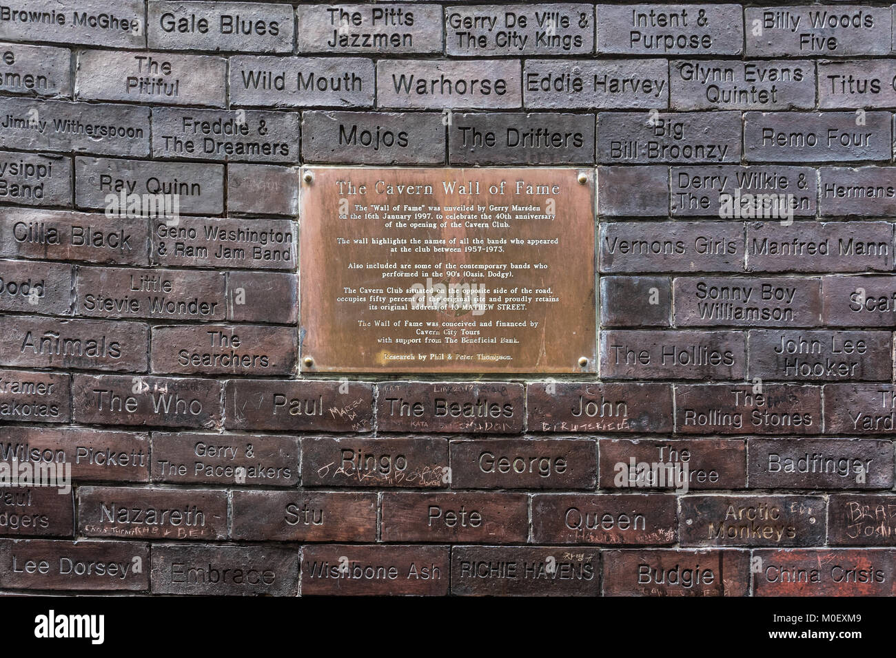 Bricks with the names of music artists on the Cavern Club Wall of Fame, Liverpool, Merseyside, UK Stock Photo
