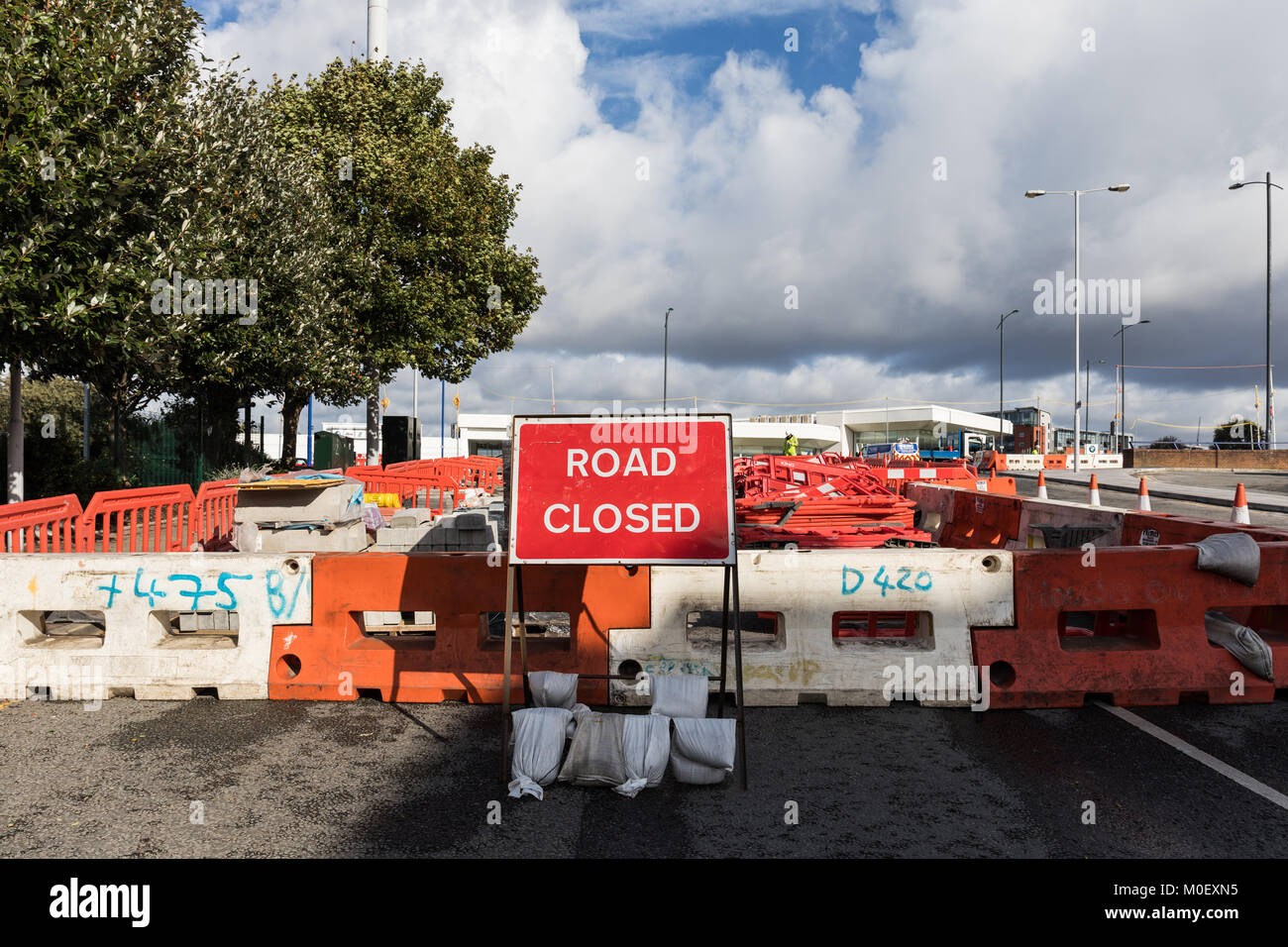 Roadworks and road closed sign Liverpool, Merseyside, UK Stock Photo