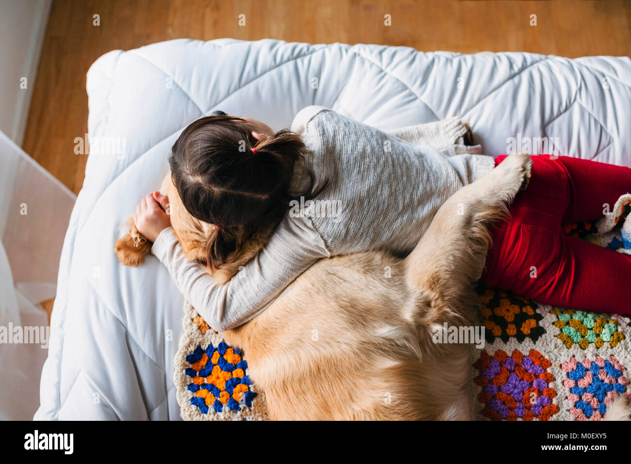 Girl lying on a bed with her golden retriever dog Stock Photo - Alamy