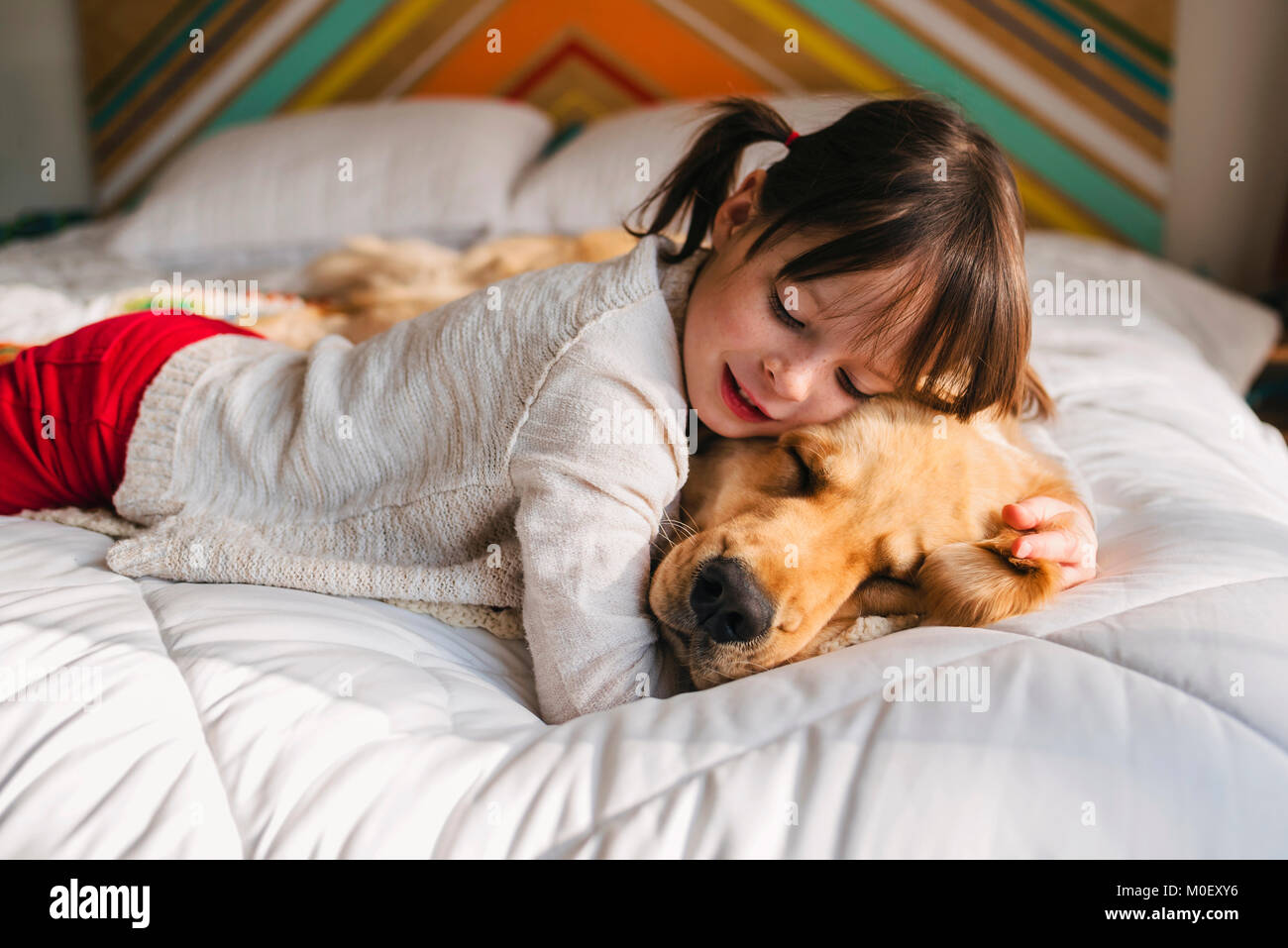 Girl lying on a bed with her golden retriever dog Stock Photo - Alamy