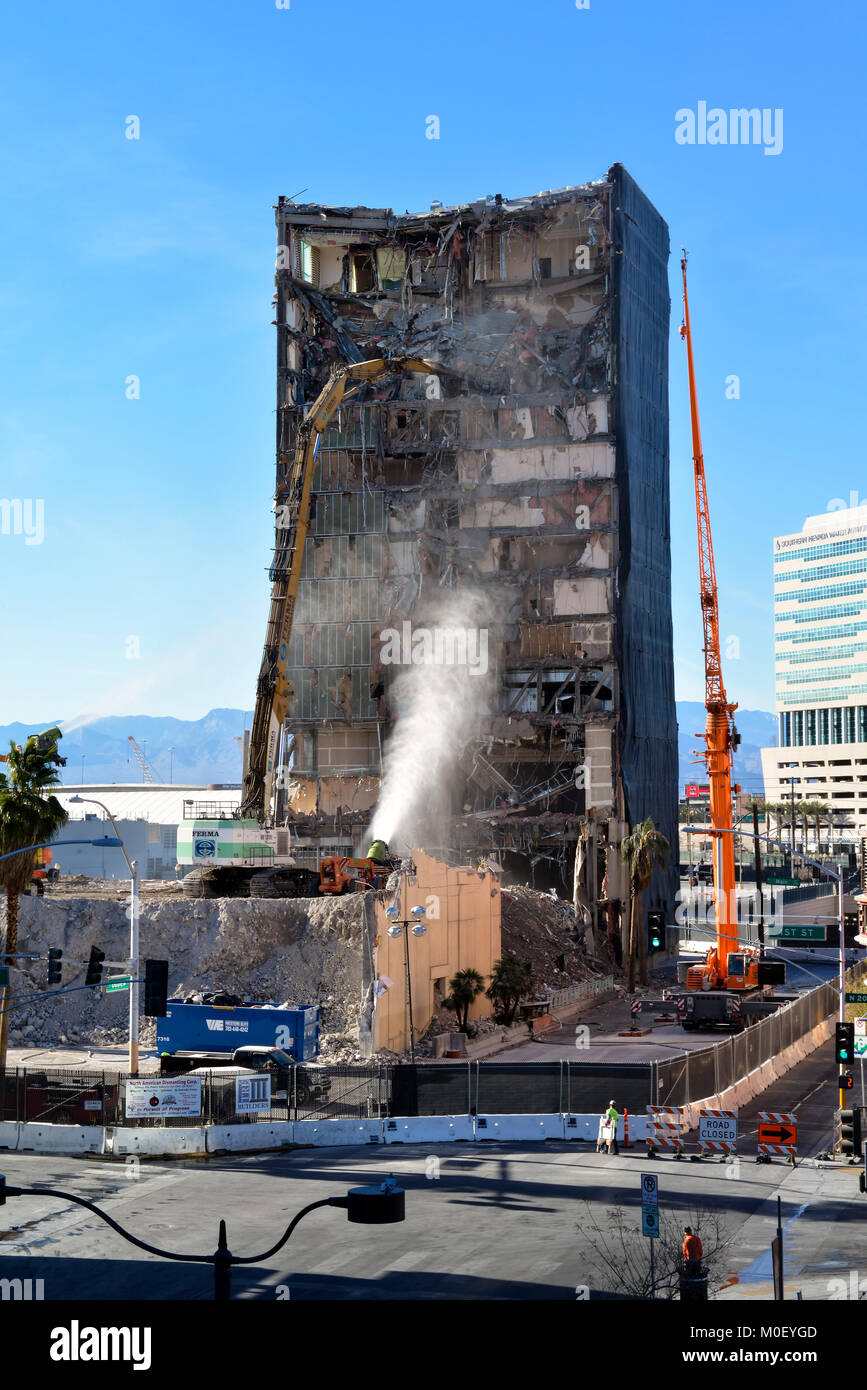 Demolition crew tearing down an old hotel in downtown Las Vegas Stock Photo