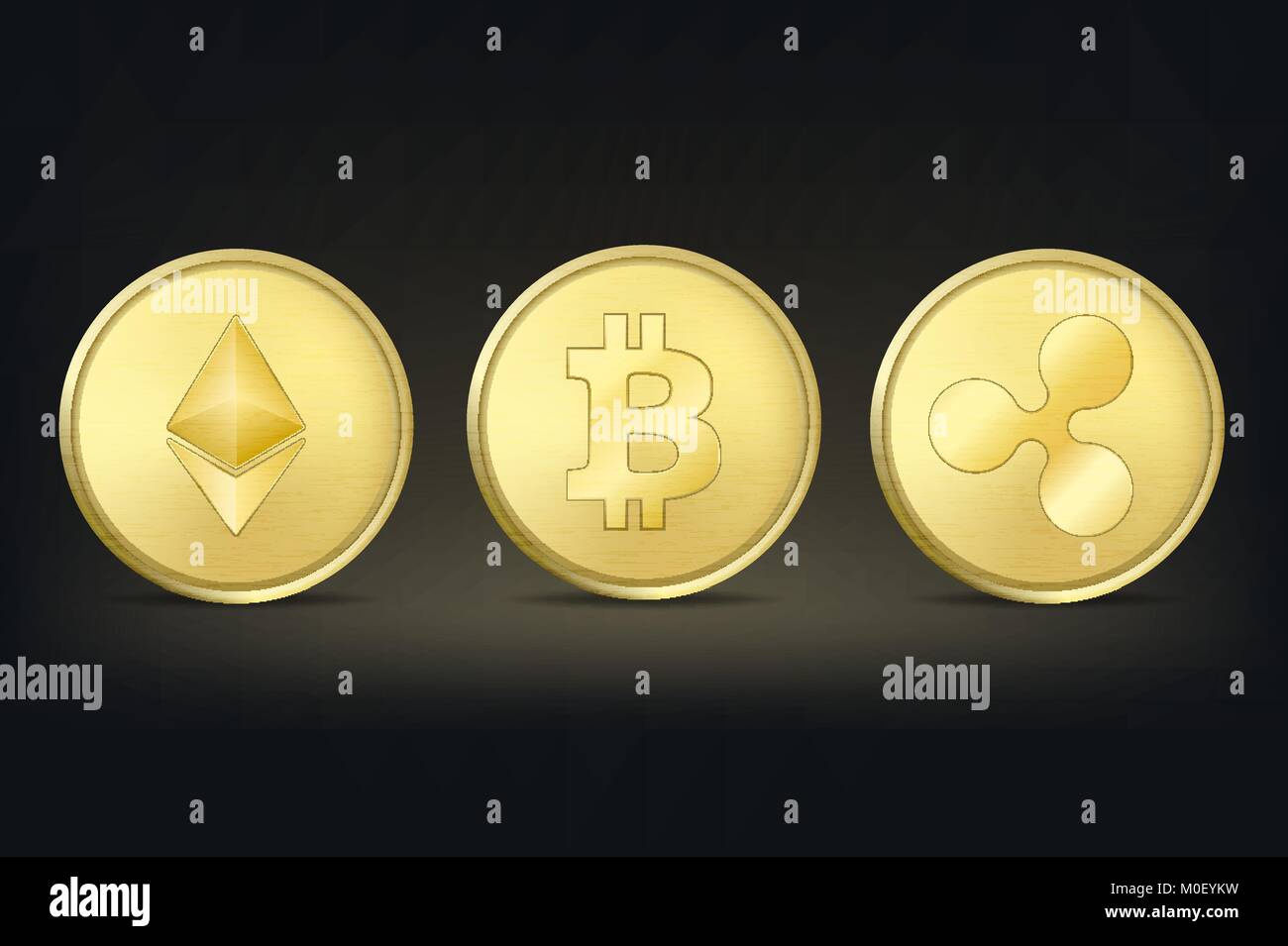 Realistic vector crypto currency coin icon set. Bitcoin, Etherium, Ripple.  Blockchain technology. Closeup on dark background. Design template for  graphics Stock Vector Image & Art - Alamy