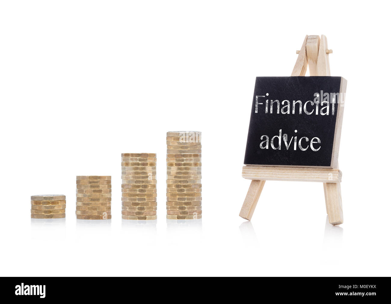 Financial advice concept text on chalkboard with coins on white background Stock Photo