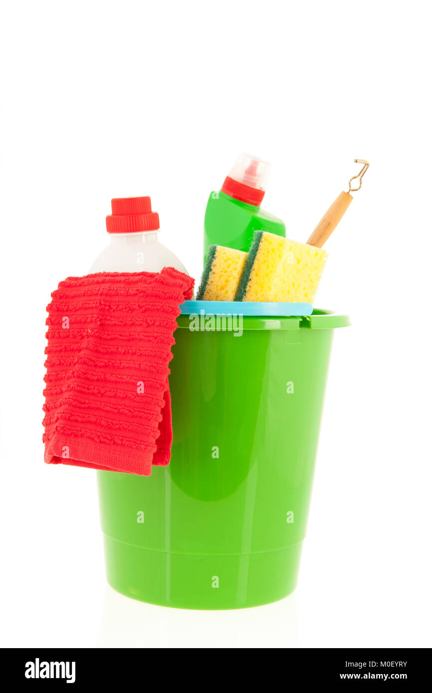 Yellow plastic bucket with cleaning liquids and brushes Stock Photo Alamy