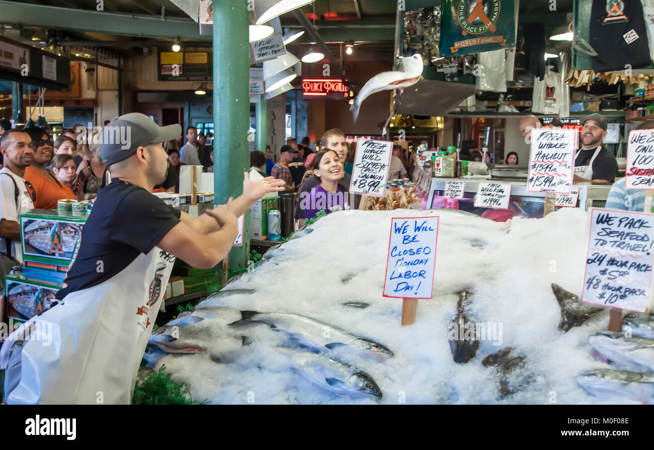 Flying fish, Pike Place Fish Market, Seattle, Washington, USA Stock