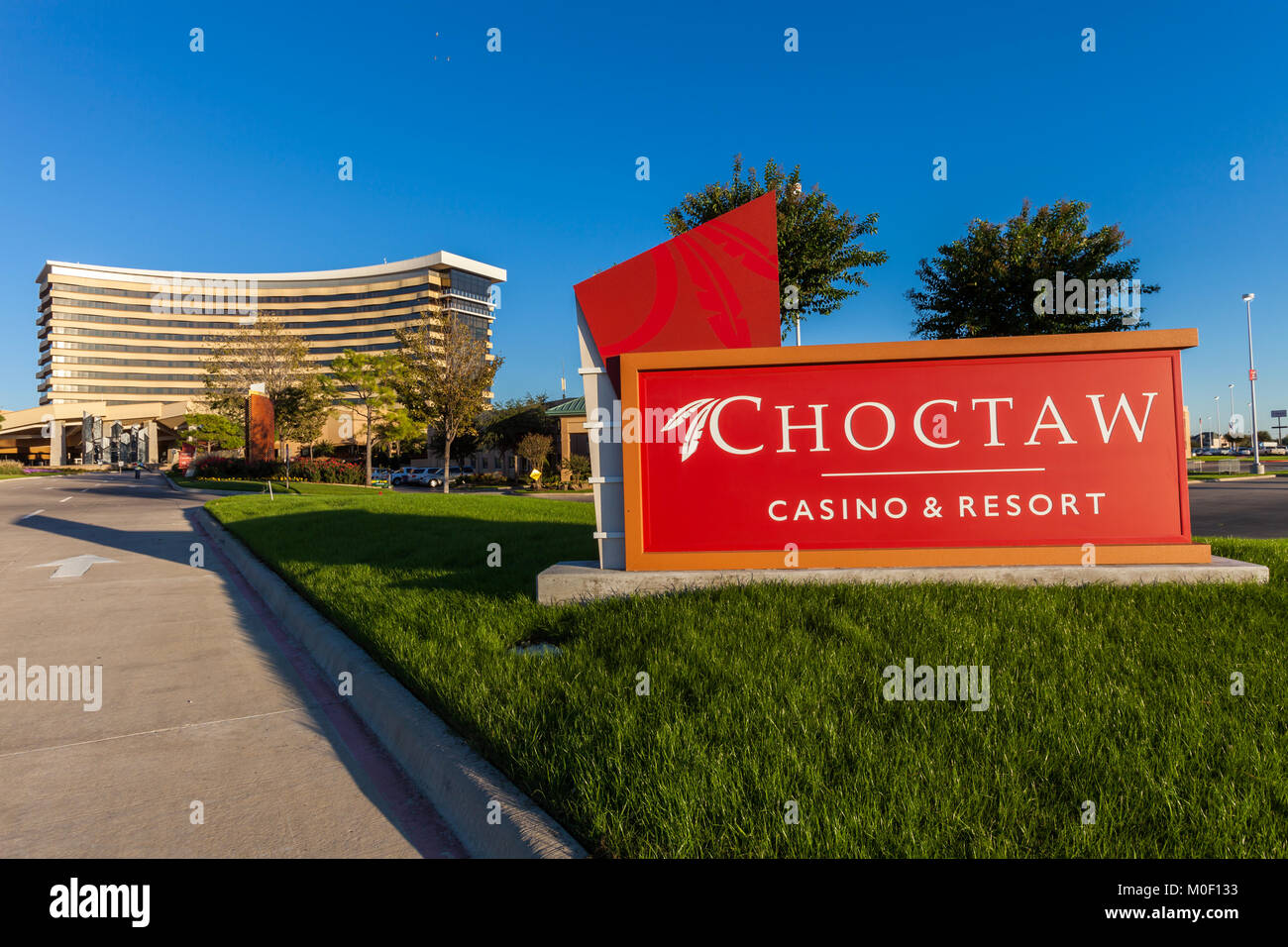 DURANT, OKLAHOMA - OCTOBER 17, 2017 - Entrance sign of Choctaw Casino & Resort with the casino building in the background. Stock Photo