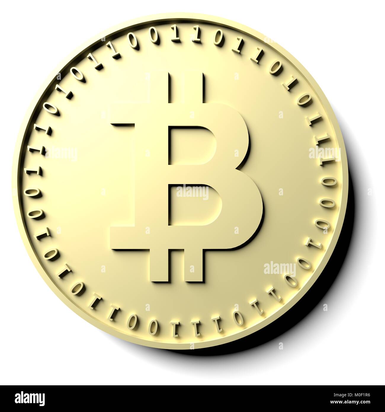 Isolated coin of digital crypto currency bitcoin casts shadow on white ...