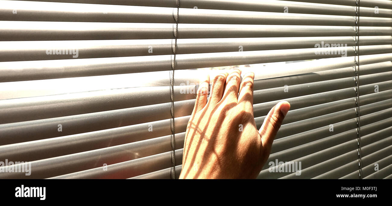 Hand taking a peek through the window blinds Stock Photo Alamy