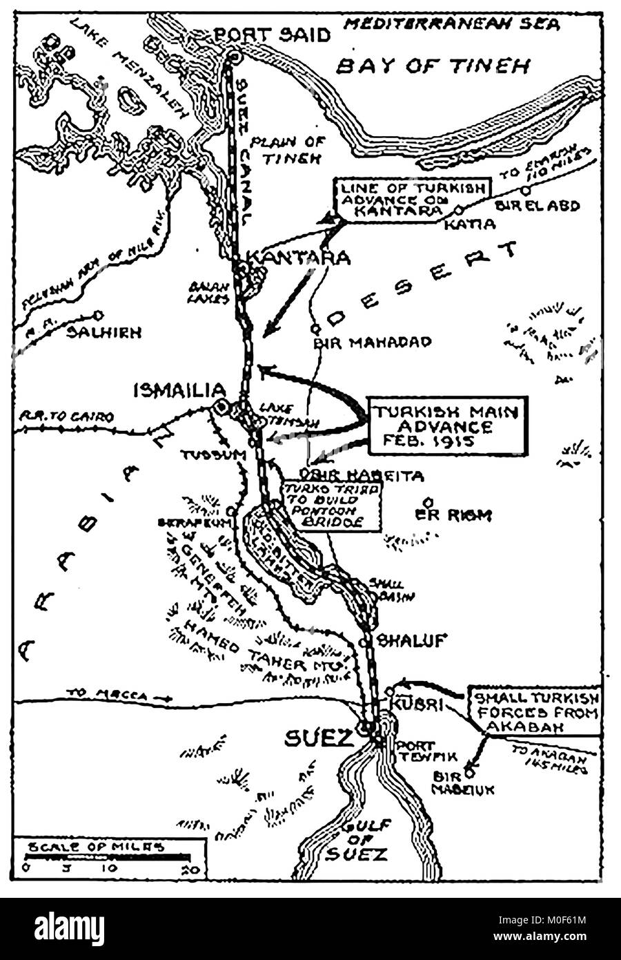 WWI - A 1917 map showing military activity in the 1914-1918 First World War - WWI  map  of the Turkish attack on the Suez Canal Stock Photo