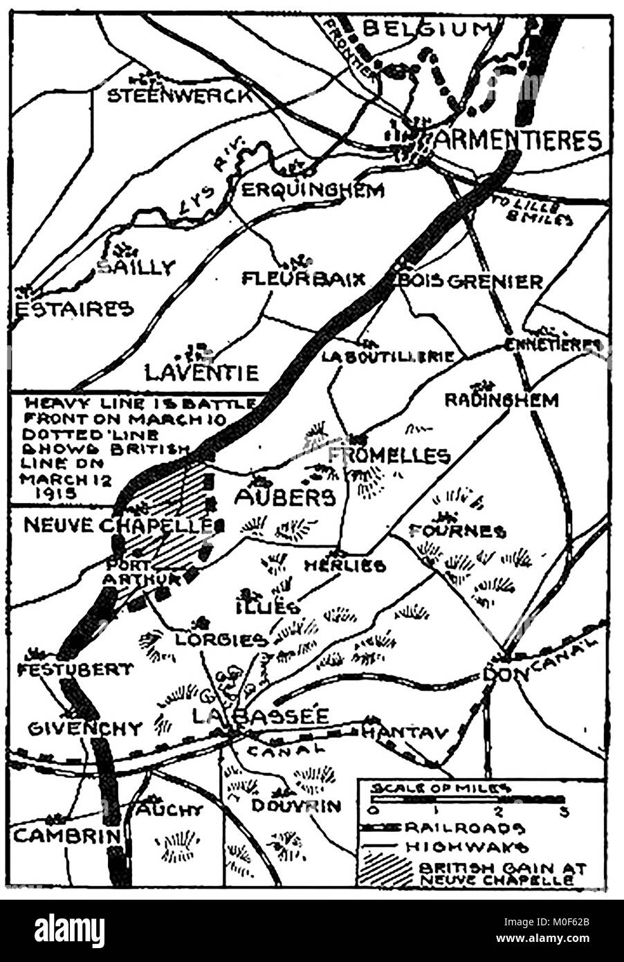 WWI - A 1917 map showing military activity in the 1914-1918 First World War - WWI map Battle at Neuve Chapelle 1915 and British lines in March 1915 Stock Photo
