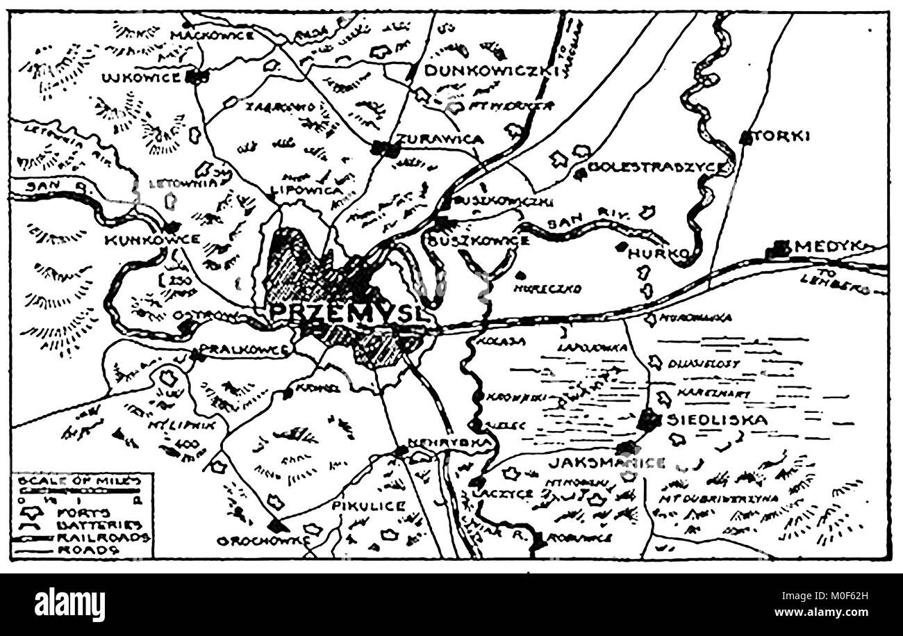 WWI - A 1917 map showing military activity in the 1914-1918 First World War - WWI map Russian campaign showing detail of the ports of Przemysl Stock Photo