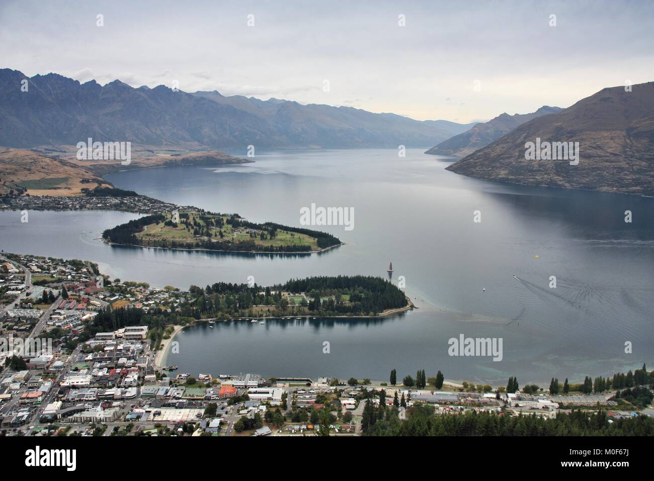 Queenstown, New Zealand - aerial view with Lake Wakatipu Stock Photo ...