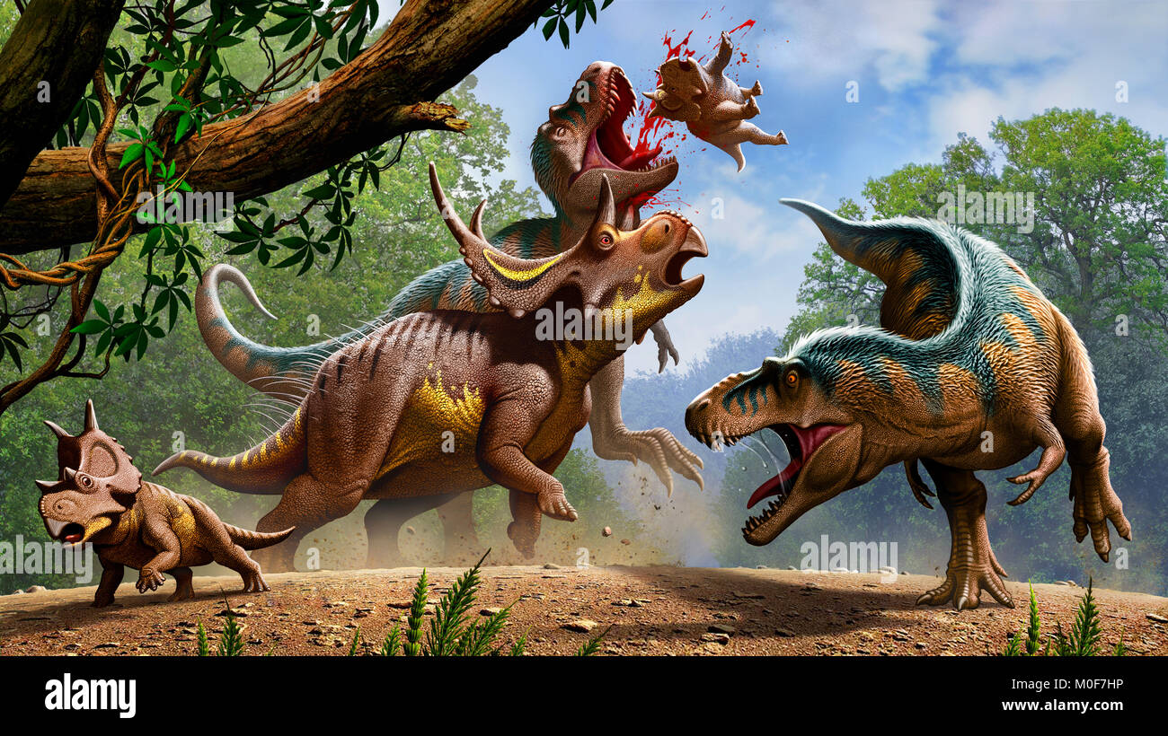A Diabloceratops mother is defending her chicks against two Lythronax  dinosaurs Stock Photo
