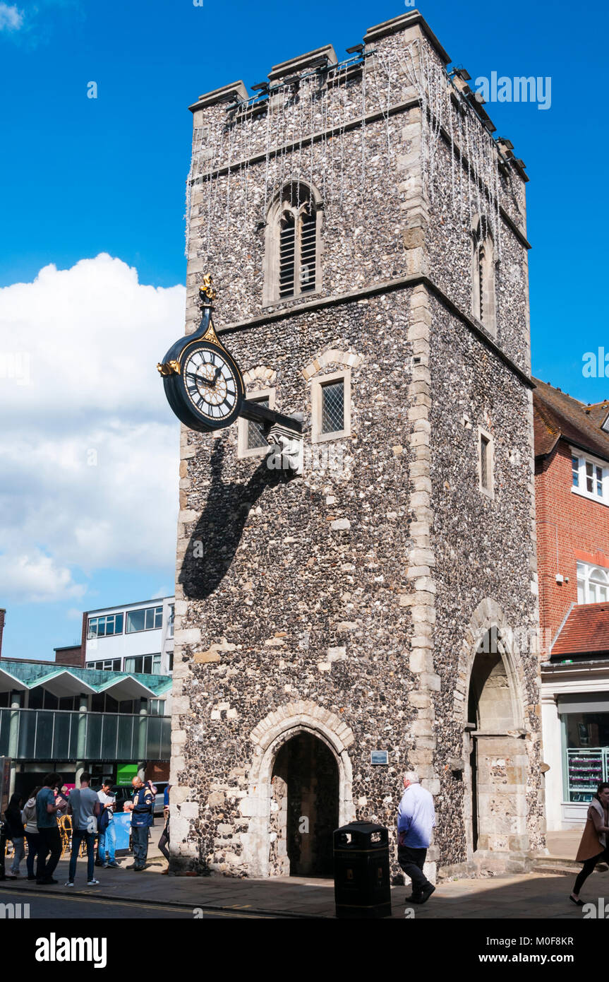 The tower is all that remains of the Church of St George the Martyr in Canterbury.  The Church was destroyed in 1942, in a WW2 'Baedecker' air raid. Stock Photo