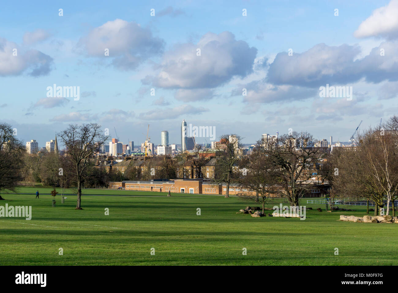 Central London seen over the Brockwell Park Lido in Herne Hill, South London. Stock Photo