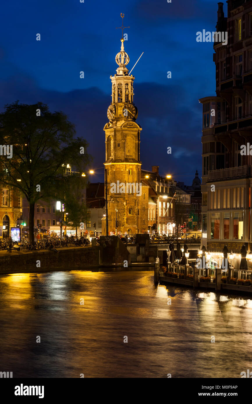 Mint Tower and Singel Canal, Amsterdam, Holland, Netherlands Stock Photo