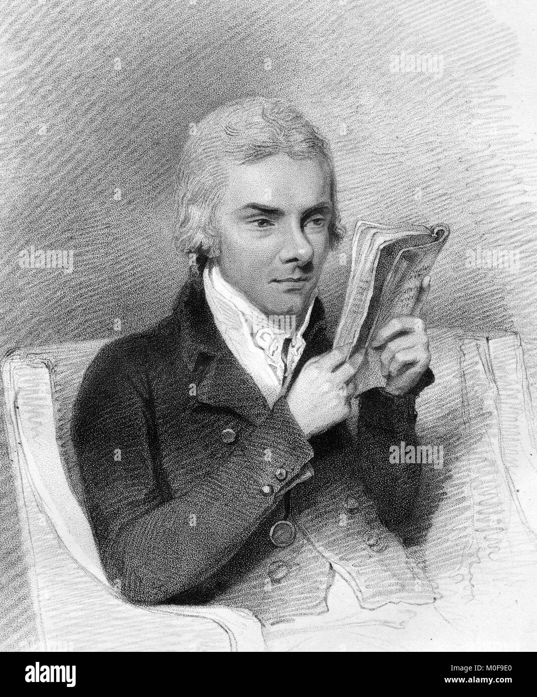 William Wilberforce (1759â€“1833), an English politician, philanthropist, and a leader of the movement to abolish the slave trade. An 1809 engraving by Giovanni Vendramini from a drawing by Henry Edridge. Stock Photo