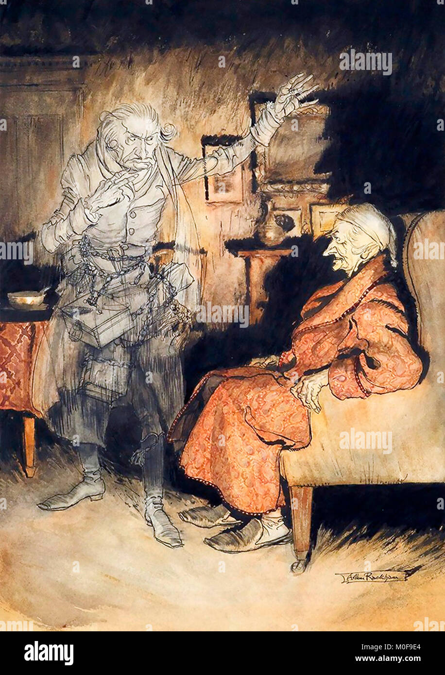 Scrooge and the Ghost of Marley by Arthur Rackham, pen, ink and watercolor, from Dickens's ‘A Christmas Carol’, 1915 Stock Photo