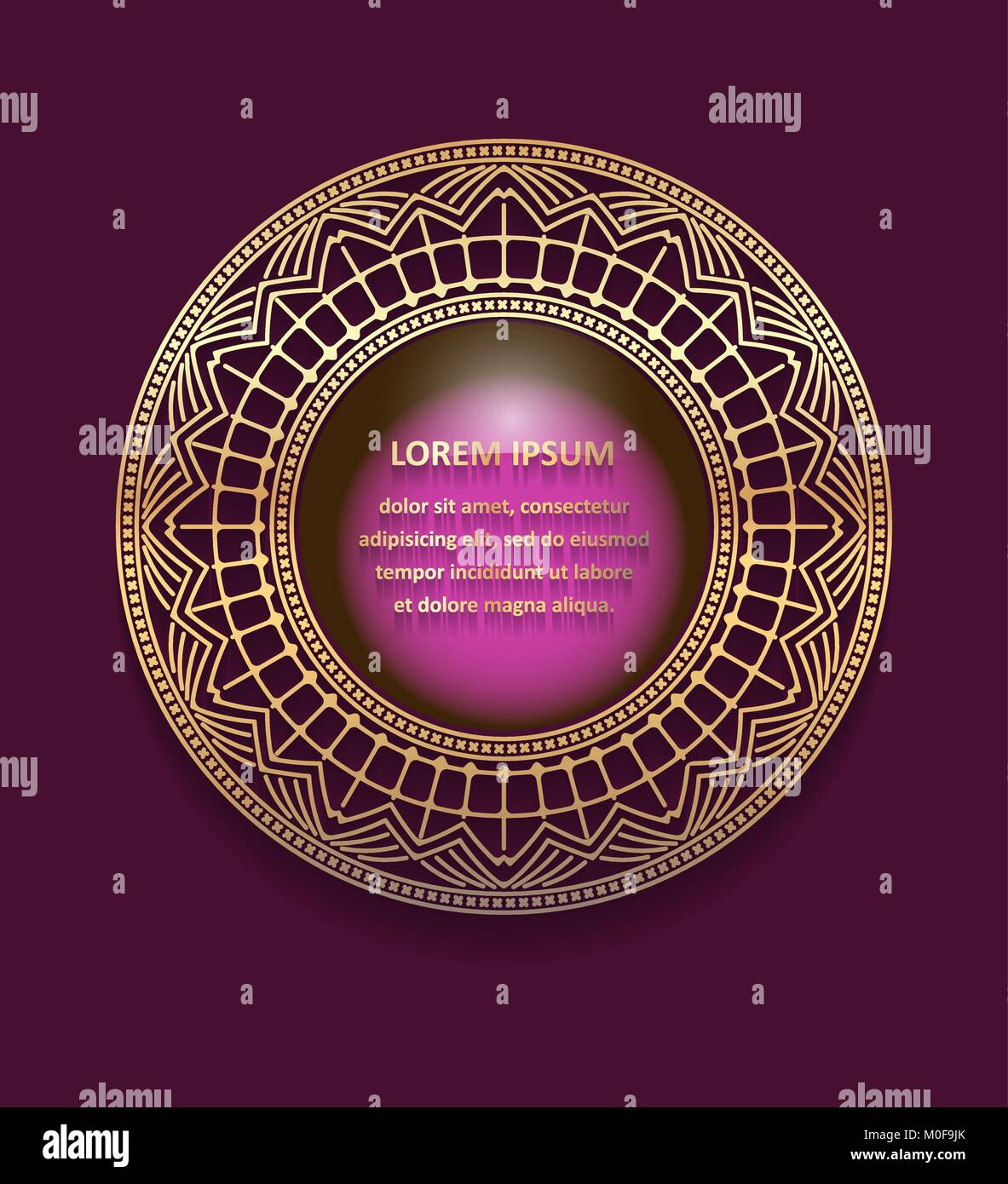 Ornate, decorative, lace, gold frame, mandala on violet dark background. It can be used for decorating of invitations, greeting cards or logo design.  Stock Vector