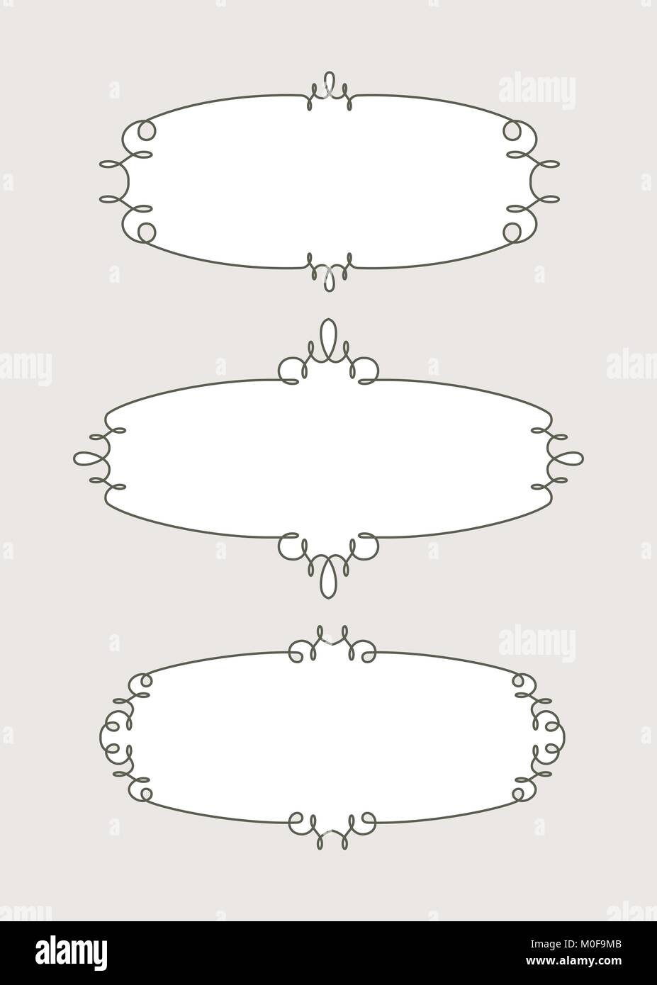 Set of 3 decorative calligraphic unusual shaped frames with full editable stroke weight and fill color. Stock Vector