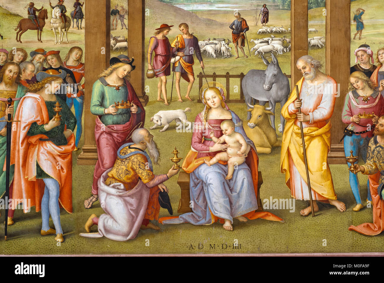 Detail of the painting "L'Adorazione dei Magi", The Adoration of the Magi, by Pietro Vannucci (known as Il Perugino), Città della Pieve, Umbria, Italy Stock Photo