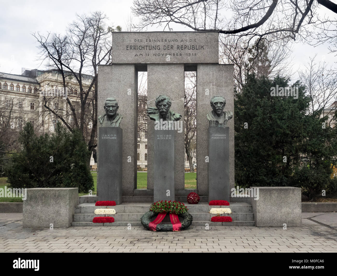 VIENNA, AUSTRIA, DECEMBER 06, 2017:   Monument of the Republic (Errichtung der Republik) Memorial shortly after wreath laying on the anniversary Stock Photo