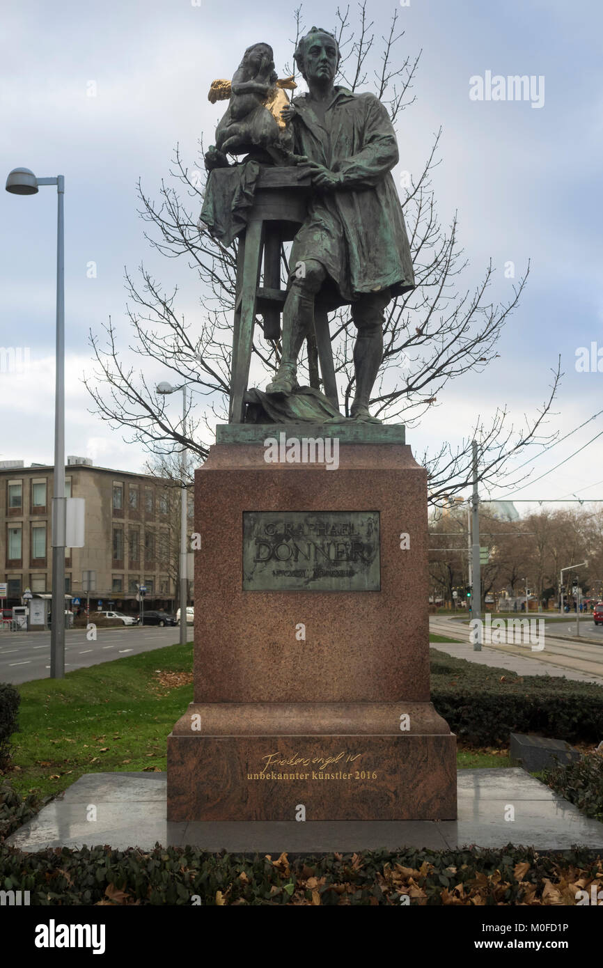 VIENNA, AUSTRIA, DECEMBER 06, 2017:  Monument statue to Georg Raphael Donner by the junction of Lothringerstrasse and Schwarzenbergerplatz Stock Photo