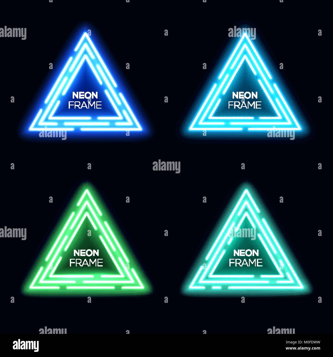 Neon light triangles set. Shining techno frame collection. Night club electric bright 3d banners design on dark blue backdrop. Neon abstract tech background with glow. Technology vector illustration. Stock Vector