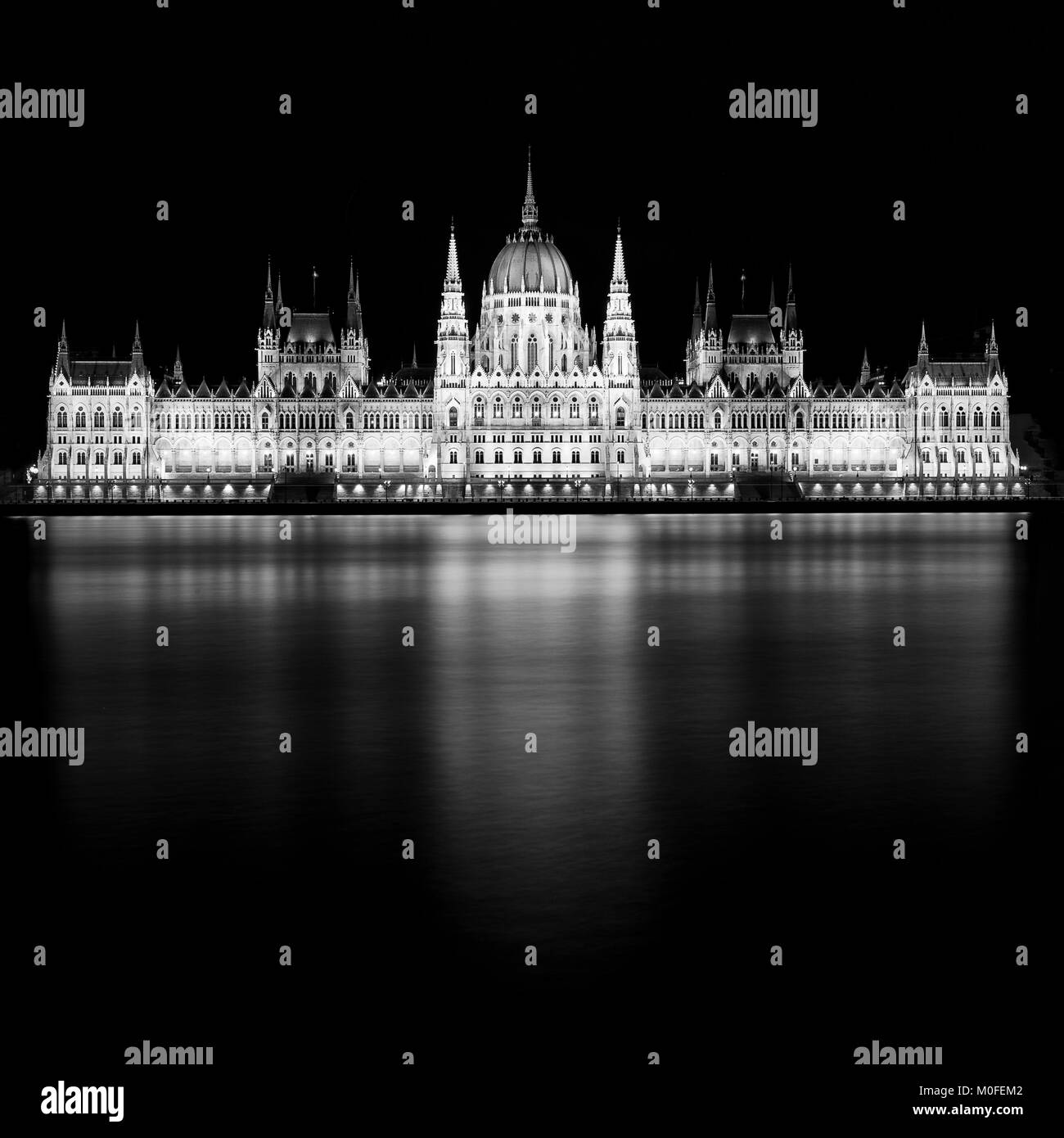 The Hungarian Parliament Building, Parliament of Budapest on the Danube (Donau) River at night Stock Photo