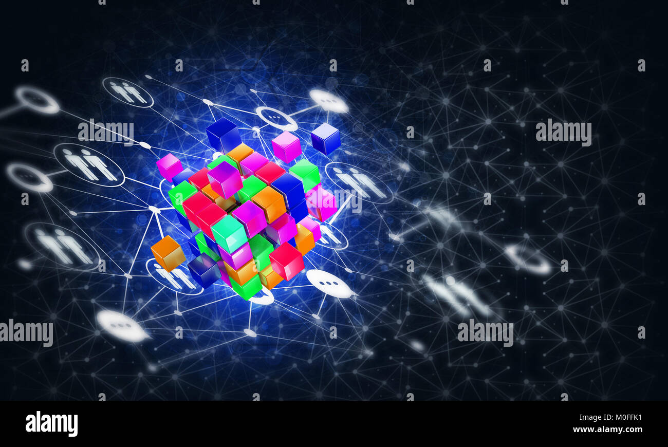 Concept of Internet and networking with digital cube figure on dark ...