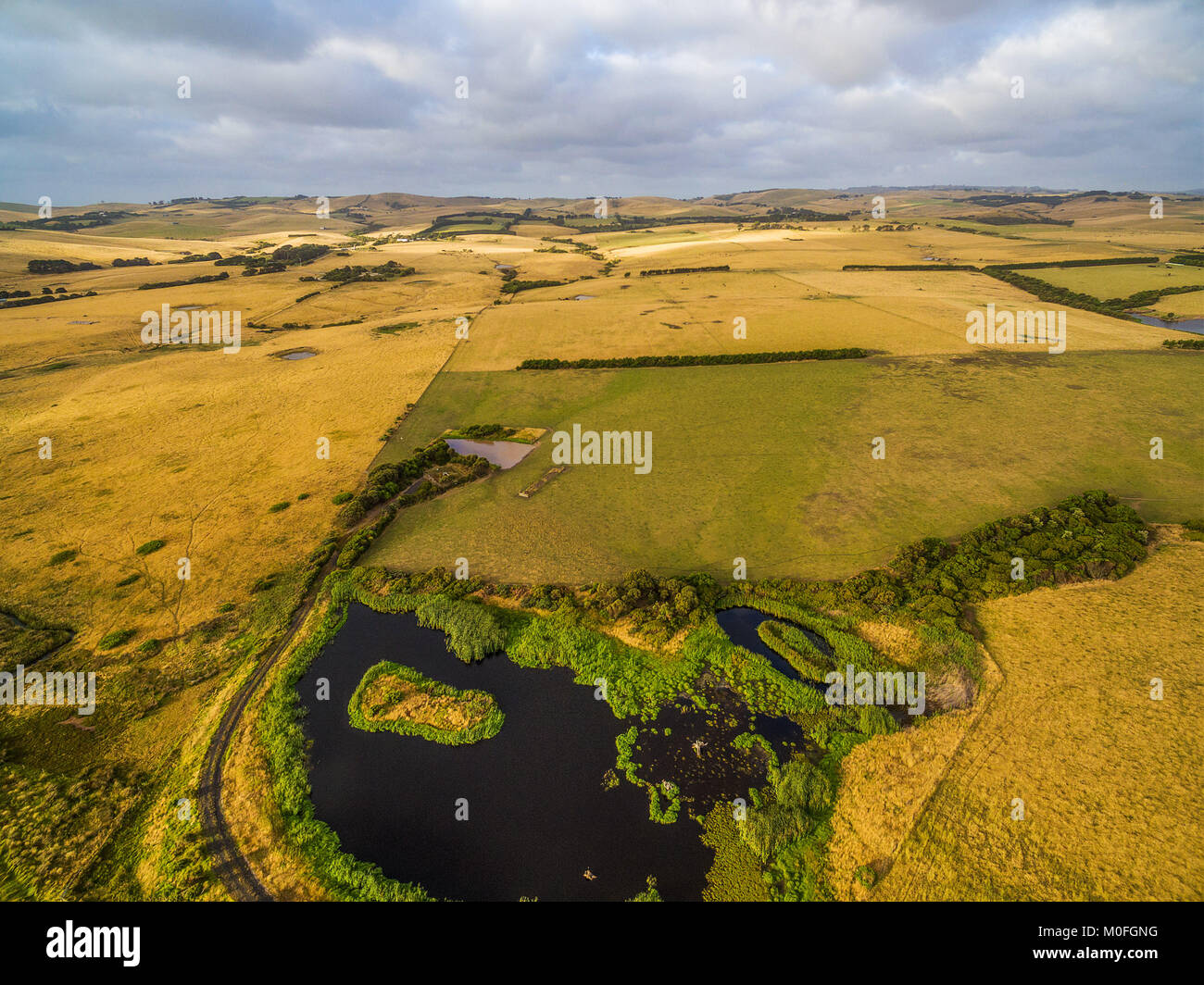 Aerial landscape meadows and pastures in Australia Stock Photo