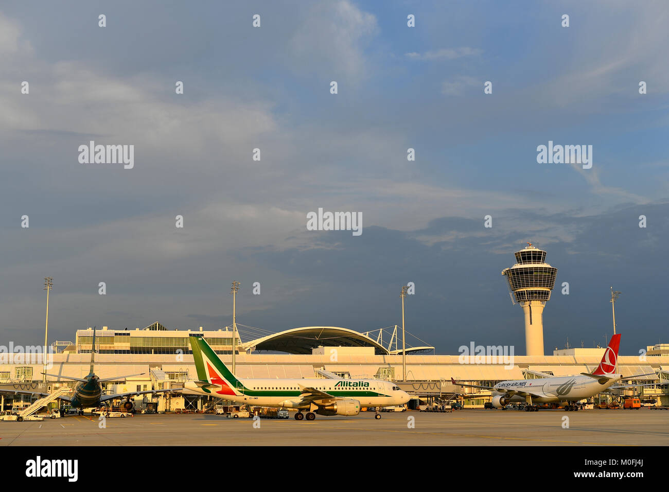 Alitalia, Airbus, A319, sun, Aircraft, Airplane, Plane, Terminal 1, Tower, MAC, Munich Airport, Center,  Sunset, pool, position, ramp, cloud, sky, Stock Photo