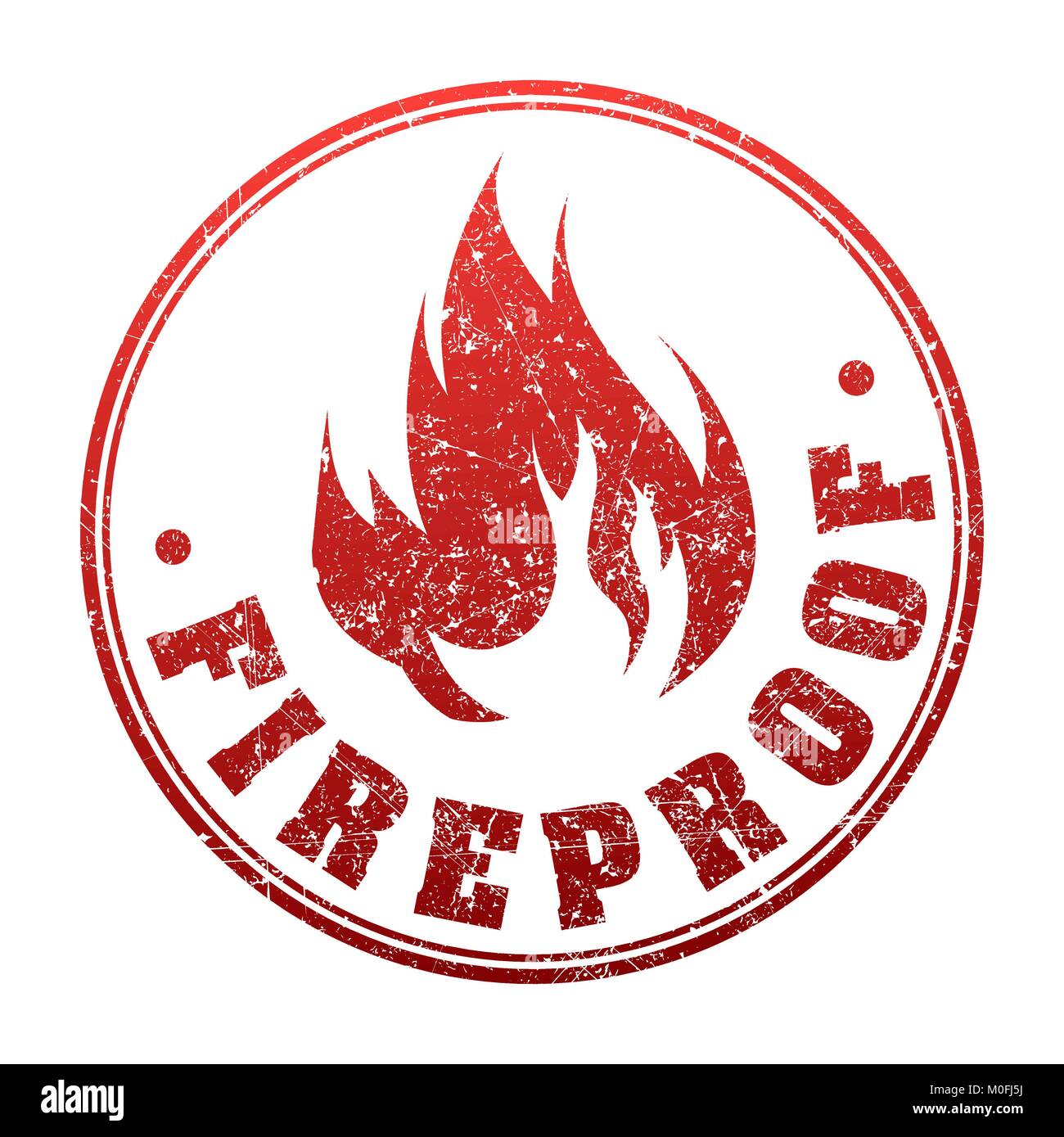 Abstract red grunge rubber stamp with caption FIREPROOF and blazing fire Stock Vector