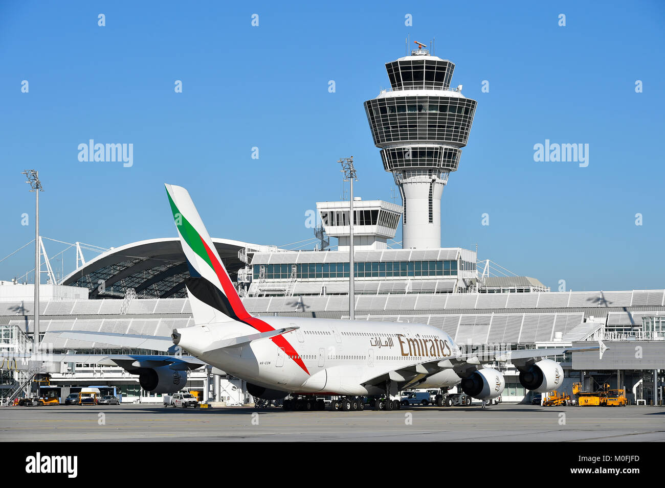Emirates, Airbus, A380-800, A380, 800, Airplane, Aircraft, Plane, Munich Airport, terminal 1, tower, position, ramp, Stock Photo