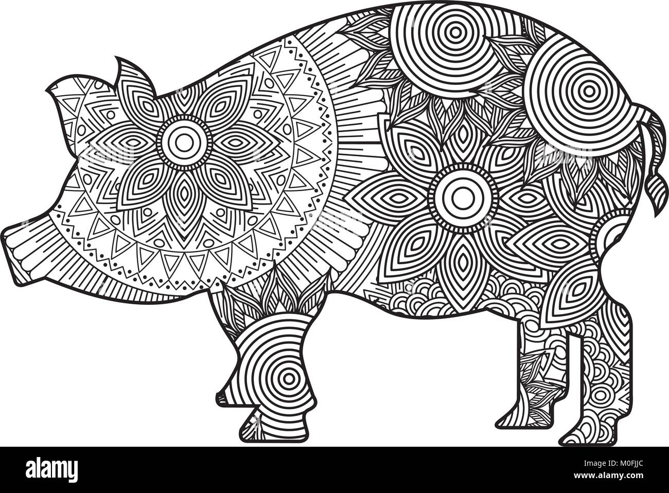 hand drawn for adult coloring pages with pig zentangle monochrome sketch Stock Vector