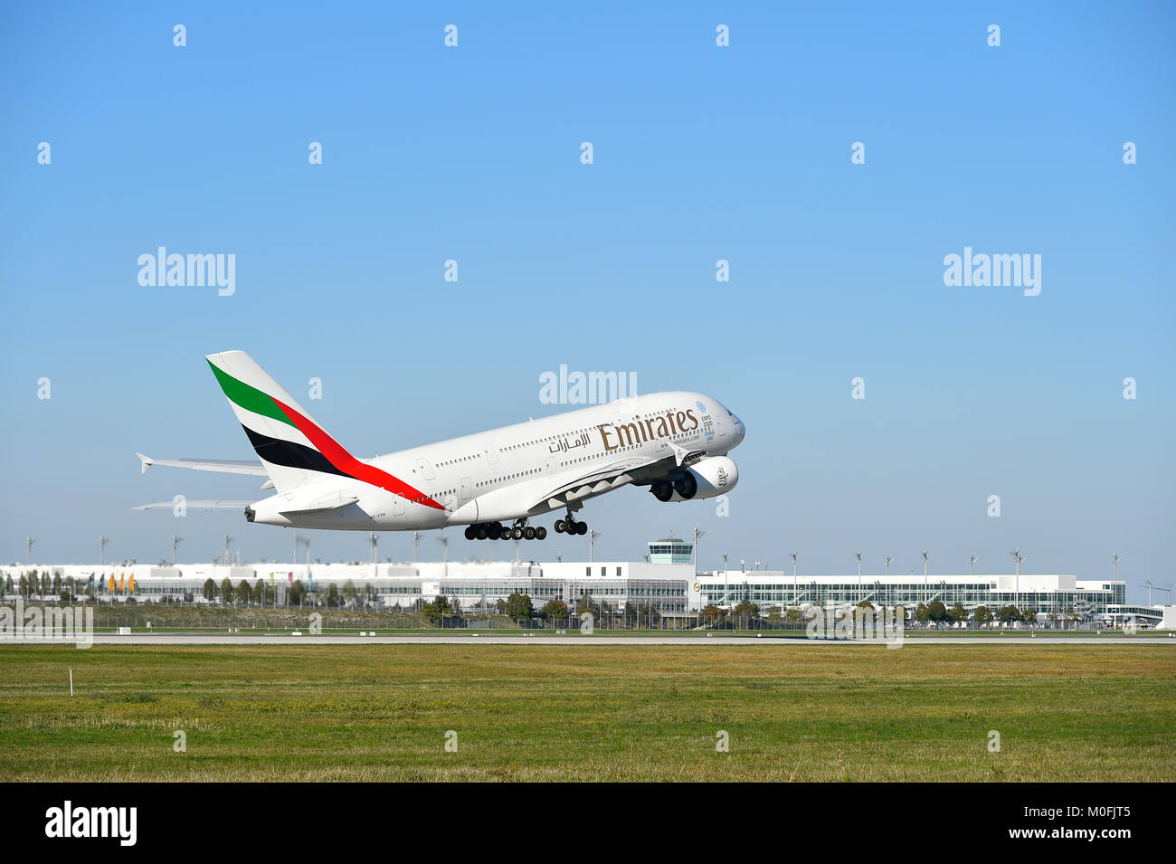 Emirates, Airbus, A380-800, A380, 800, Airplane, Aircraft, Plane, Munich Airport, take of Stock Photo