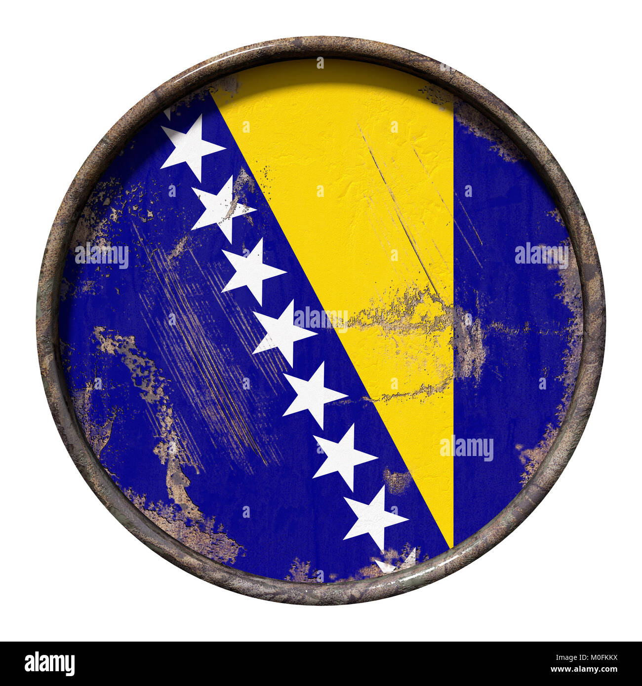 3d rendering of a Bosnia and Herzegovina flag over a rusty metallic ...