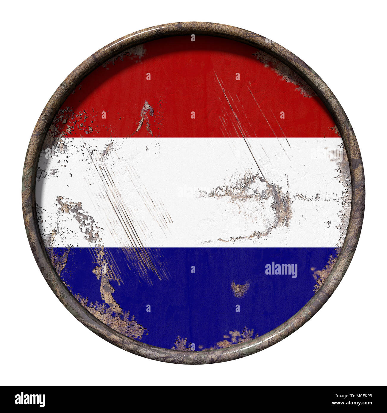 3d rendering of a Holland flag over a rusty metallic plate. Isolated on ...