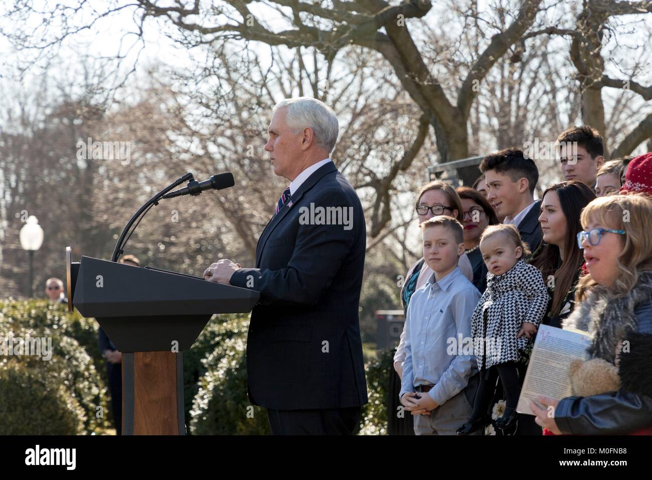 U.S. Vice President Mike Pence addresses anti-abortion, Right to Life activists during the March for Life reception in the Rose Garden of the White House January 19, 2018 in Washington, DC. Stock Photo