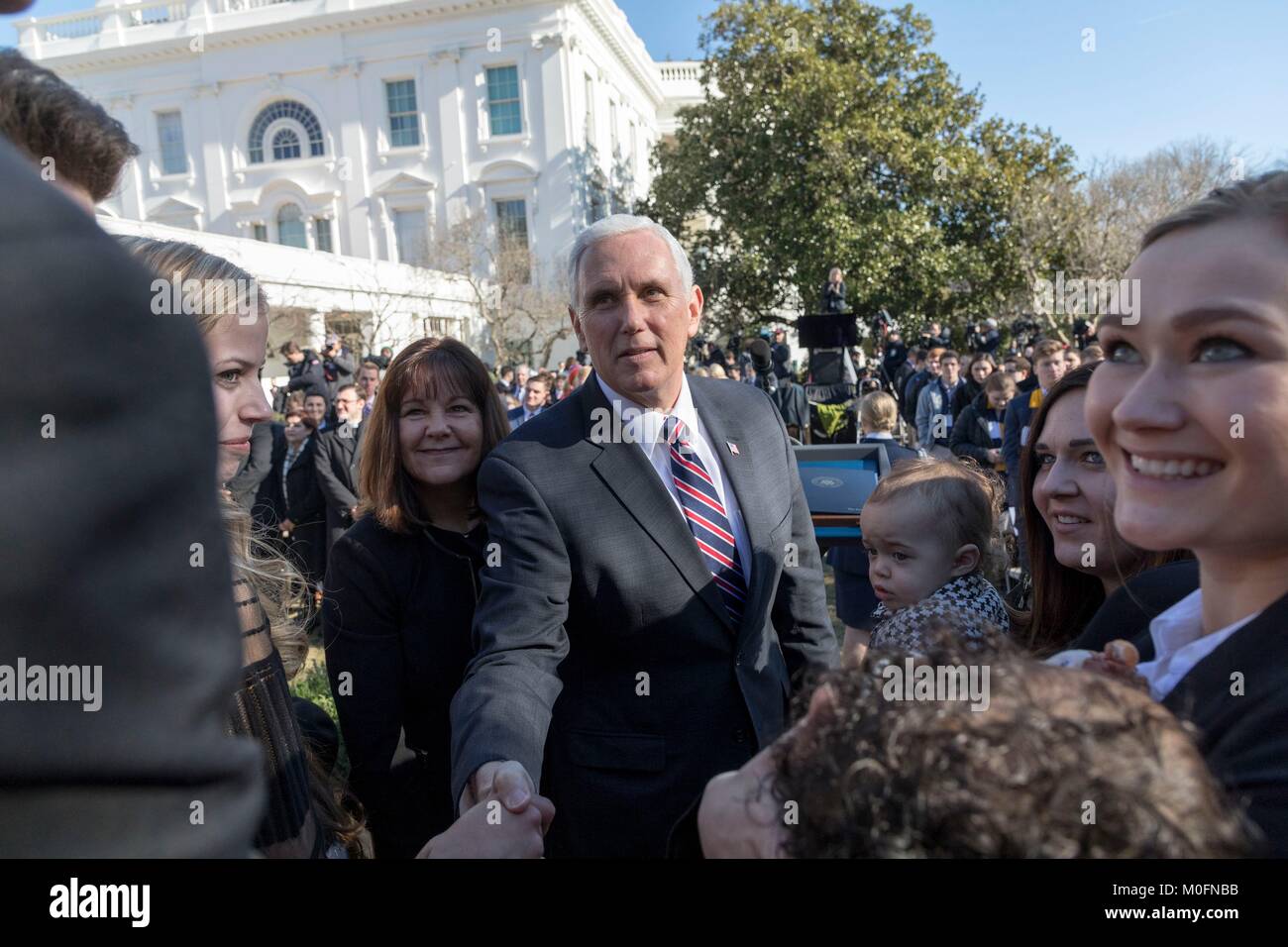 U.S. Vice President Mike Pence, center, and wife Karen Pence, welcome anti-abortion, Right to Life activists during the March for Life reception in the Rose Garden of the White House January 19, 2018 in Washington, DC. Stock Photo