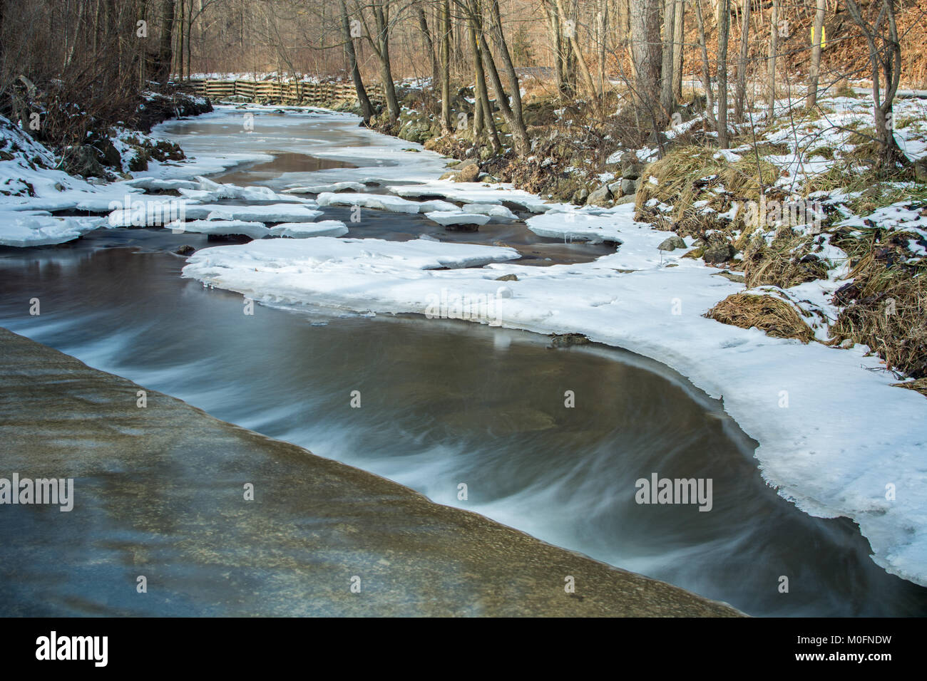 Small Creek In Winter Ice And Snow Stock Photo